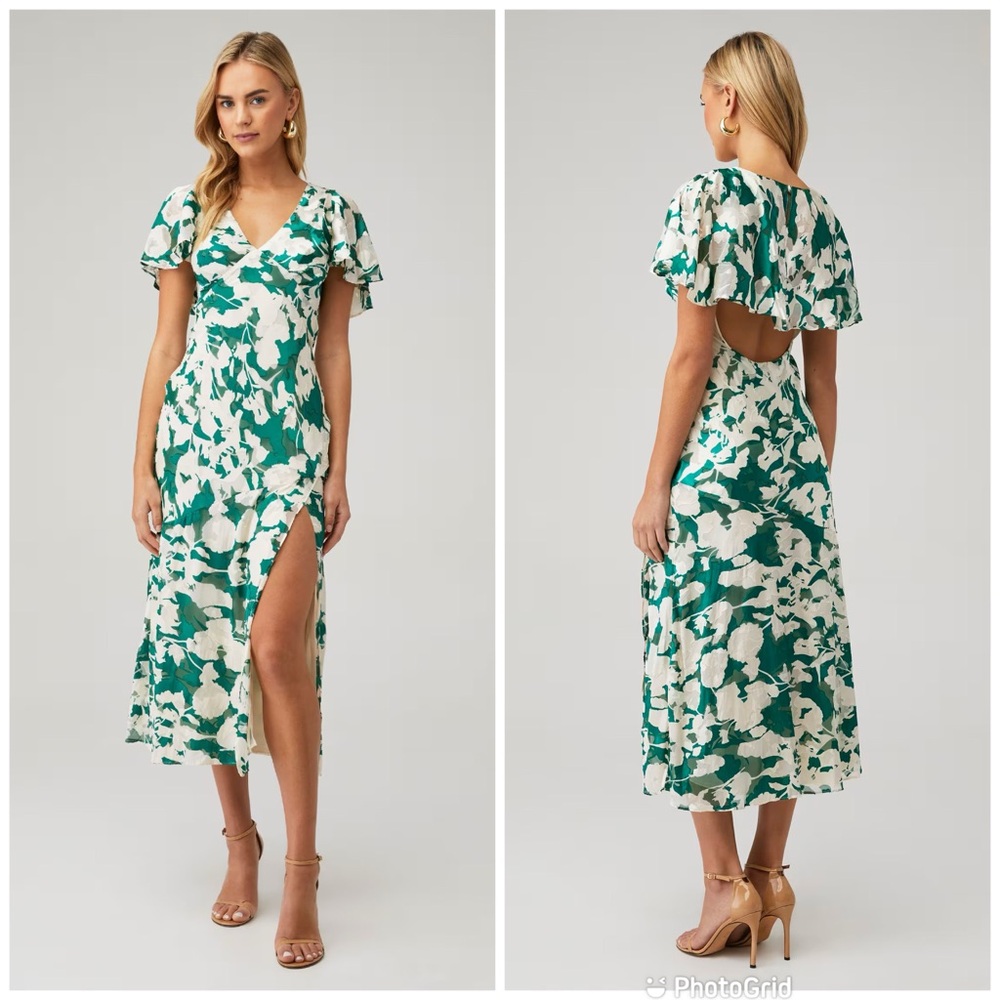 ASTR the Label Velvet Burnout Midi Dress XS Green Floral Open Back Thigh‎ Slit